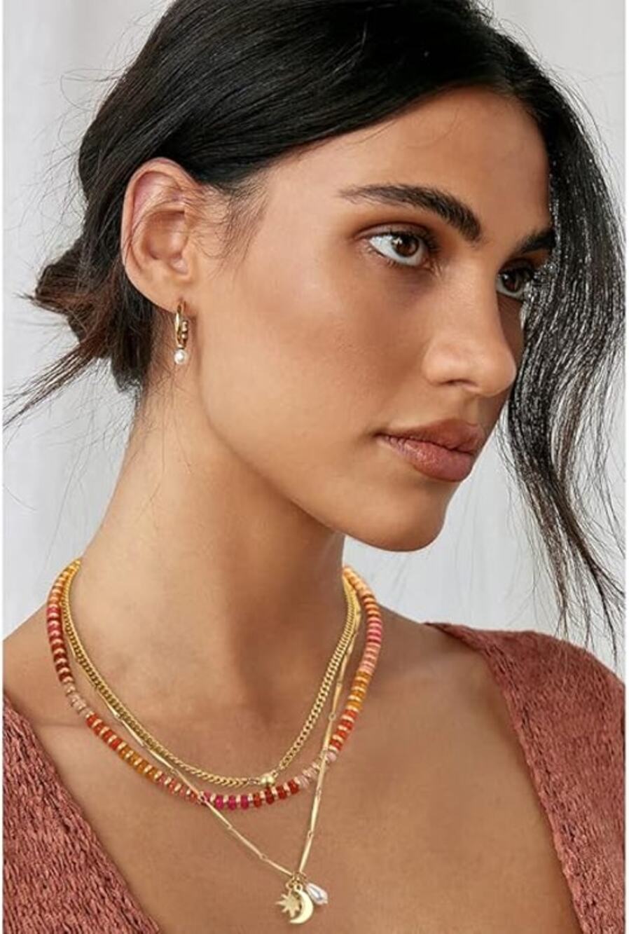 LOFT Festive Layered Necklace Bracelet Set Pink Gold Orange Star Moon Celestial
